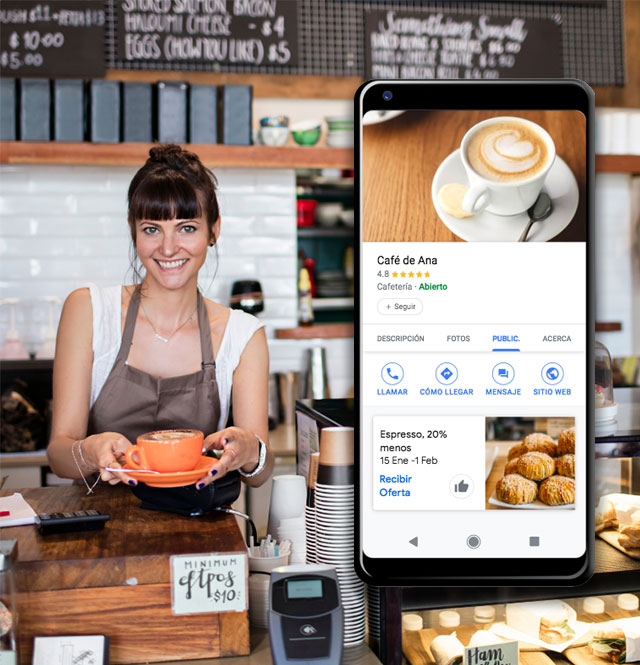 Mockup de emprendedora de una cafetería y su ficha de Google my Business